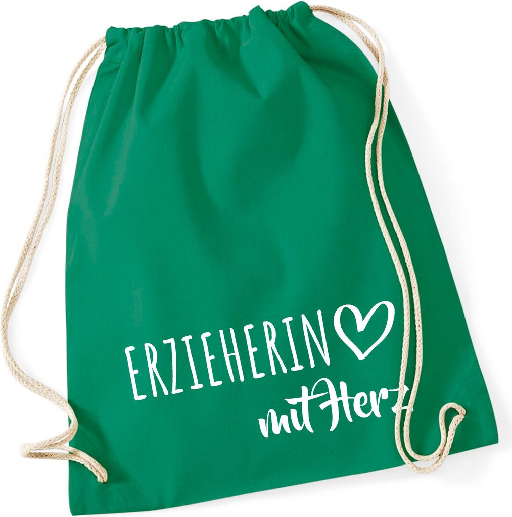 Huuraa Sportbeutel Erzieherin mit Herz Geschenk 12 Liter Kelly Green Baumwolle Erzieherin Präsent