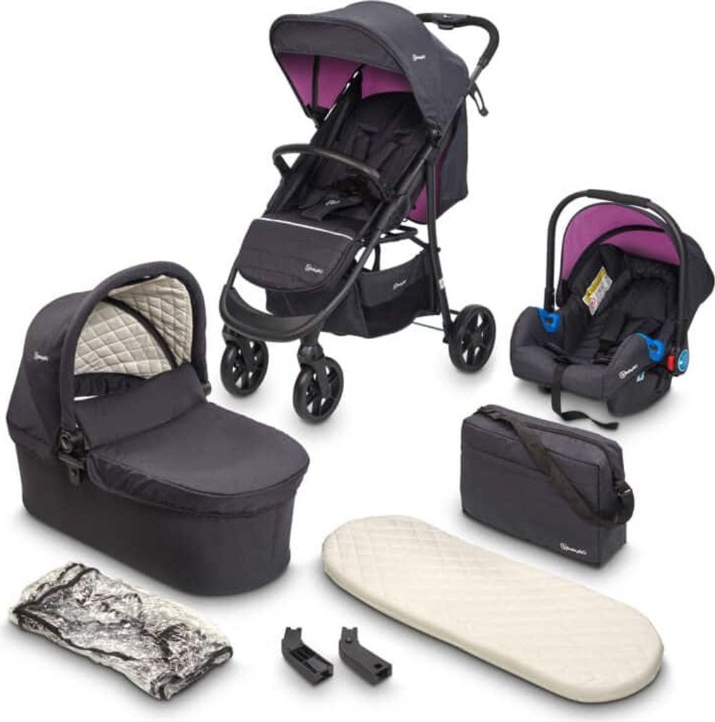 A collection of baby travel system components, including a stroller, bassinet, car seat, and accessories, laid out on a white background.
