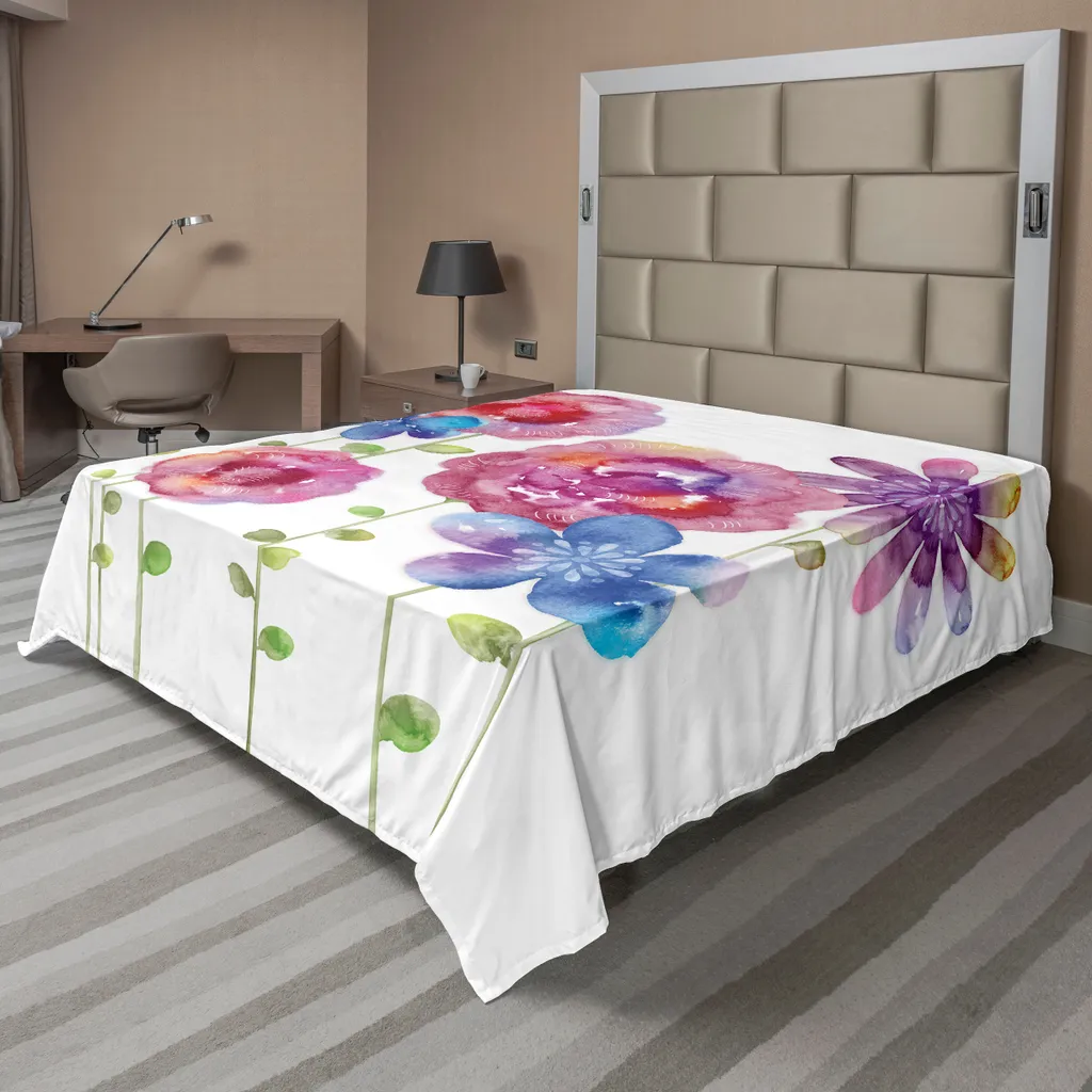 Grand drap plat pour lit décoratif à motif fleurs bohème rose et bleu