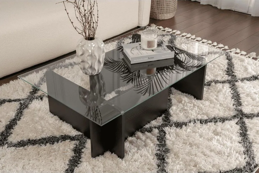 Table basse FLAVIO plateau verre trempé résistant et pieds noirs