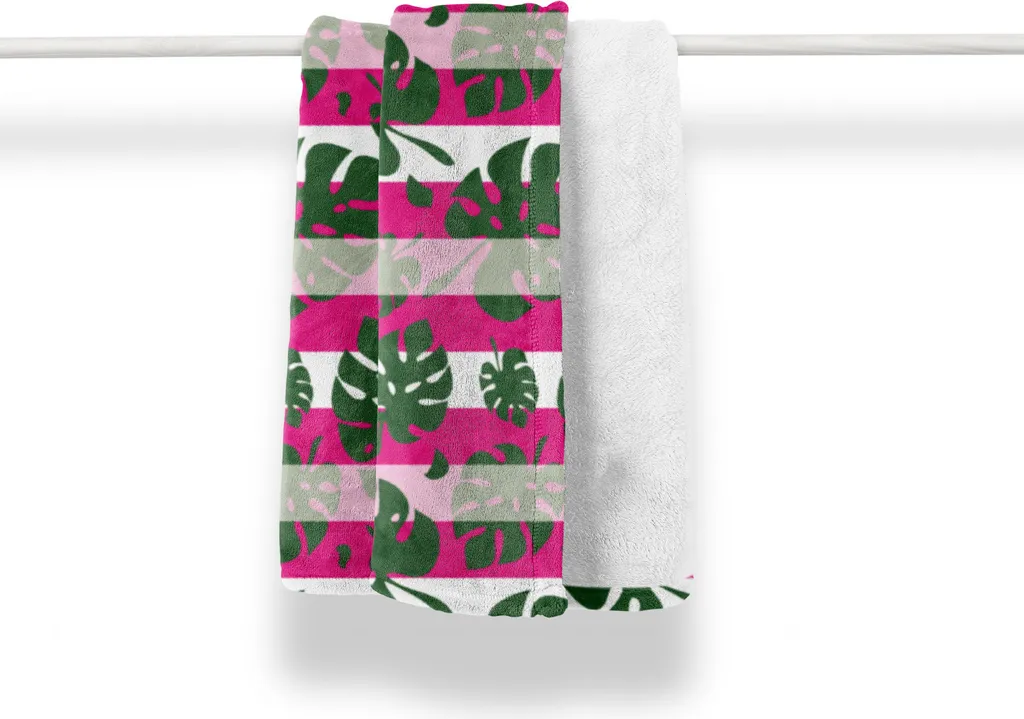 ABAKUHAUS Coperta esotica in morbido pile di flanella, strisce e foglie di monstera, soffice peluche per interni ed esterni, 125 x 175 cm, magenta verde cacciatore
