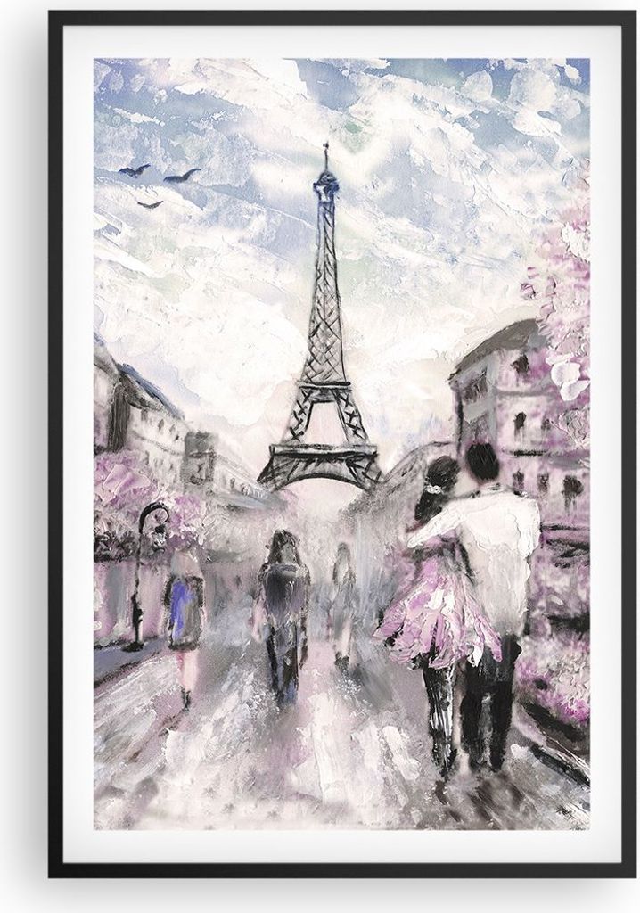 Gerahmtes Poster - Schwarzer Rahmen - Paris Weg Illustration eiffle - 61x91,5 cm - Wand Bild - Wanddeko - Wandbilder - Wandposter - Bilderrahmen - ...