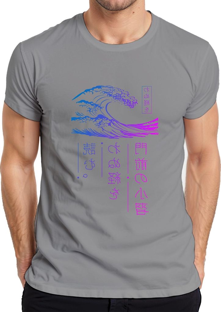 門道の心管 Japanische Welle Ukiyoe Neon Vaporwave Cyberpunk Retro Herren T-Shirt, Grau, L