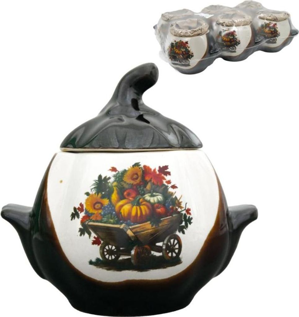 Keramiktopf Set Kürbisform in Braun mit Ernte-/Herbstmotiv 6St je 0,75