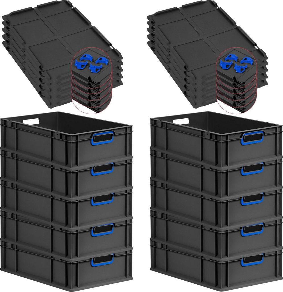 SparSet 10x Eurobox NextGen Color mit Auflagedeckel und Schiebeschnappverschlüsse | HxBxT 17x40x60cm | 34 Liter | Schwarz | Griffe blau offen | Eu...