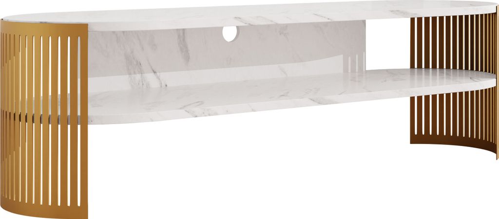 MIRJAN24 TV-Lowboard Fikoli Oval Gold, Wohnzimmer TV-Schrank, TV-Tisch, Füße und Seiten aus Stahl (Farbe: Gold / Bianco Marmor)