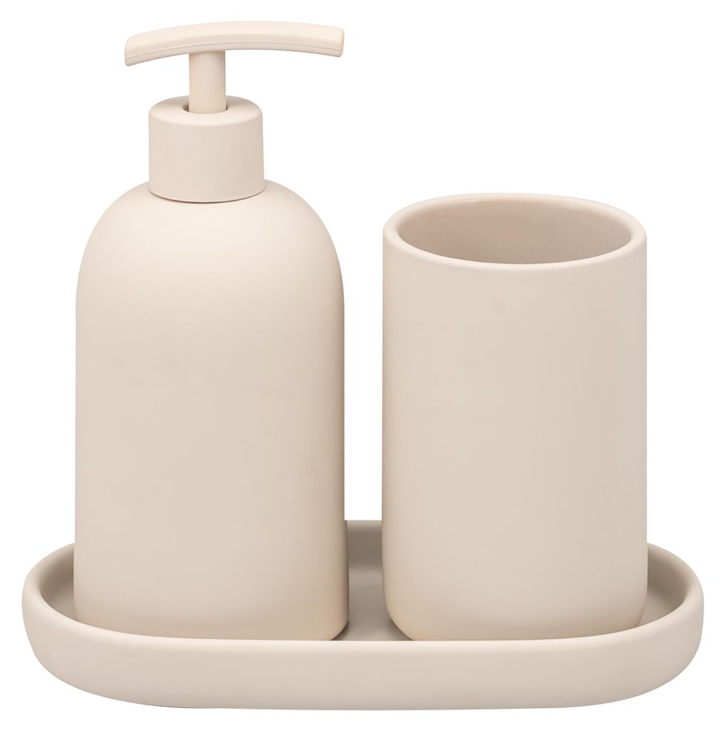 eluno Bad-Accessoires Set CERANO 3tlg. bestehend aus 1x Seifenspender, 1x Becher, 1x Schale, aus Keramik in Beige