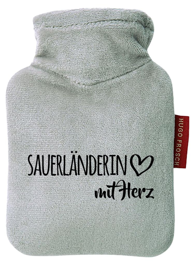 Huuraa Mini-Wärmflasche Sauerländerin mit Herz 0,2 Liter Grey Mini Veloursbezug Taschenwärmer Geschenkidee