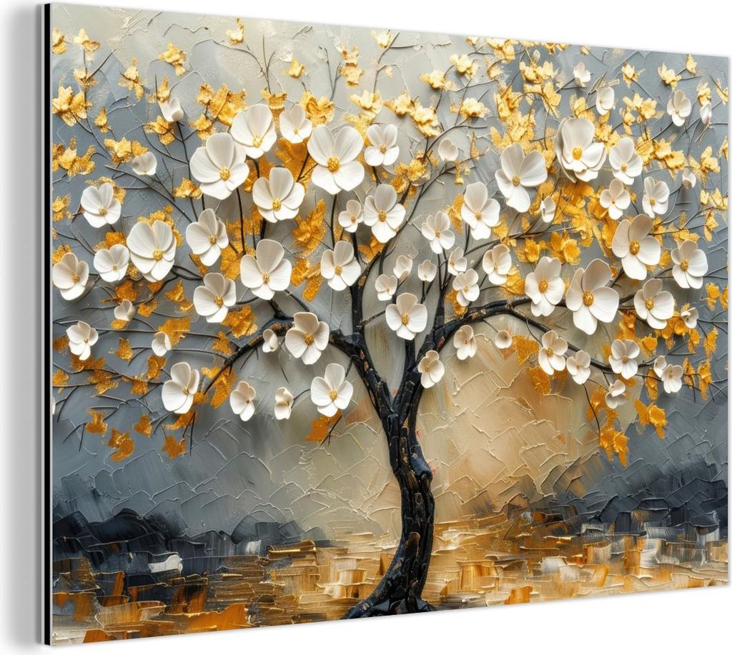 MuchoWow Wanddekoration Metall Metallbild Wandkunst 30x20 cm Baum - Blumen - Gold - Beige MuchoWow Aluminium Gemälde - Aluminiumgemälder