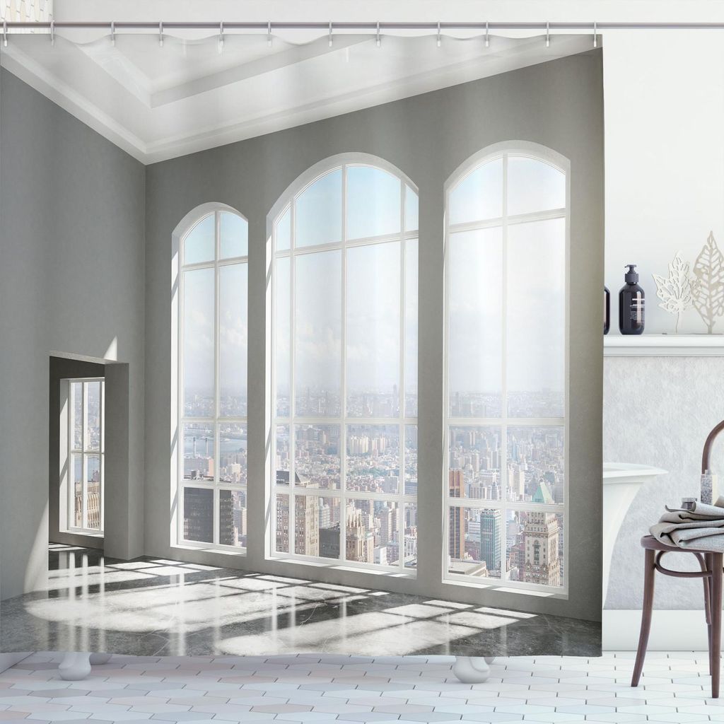 ABAKUHAUS Modern Duschvorhang, Fantastisches Haus In Städtischen Stadt Landschaft Mit Landhaus Ansicht von Fenster Druck, 175 x 200 cm, Weiß