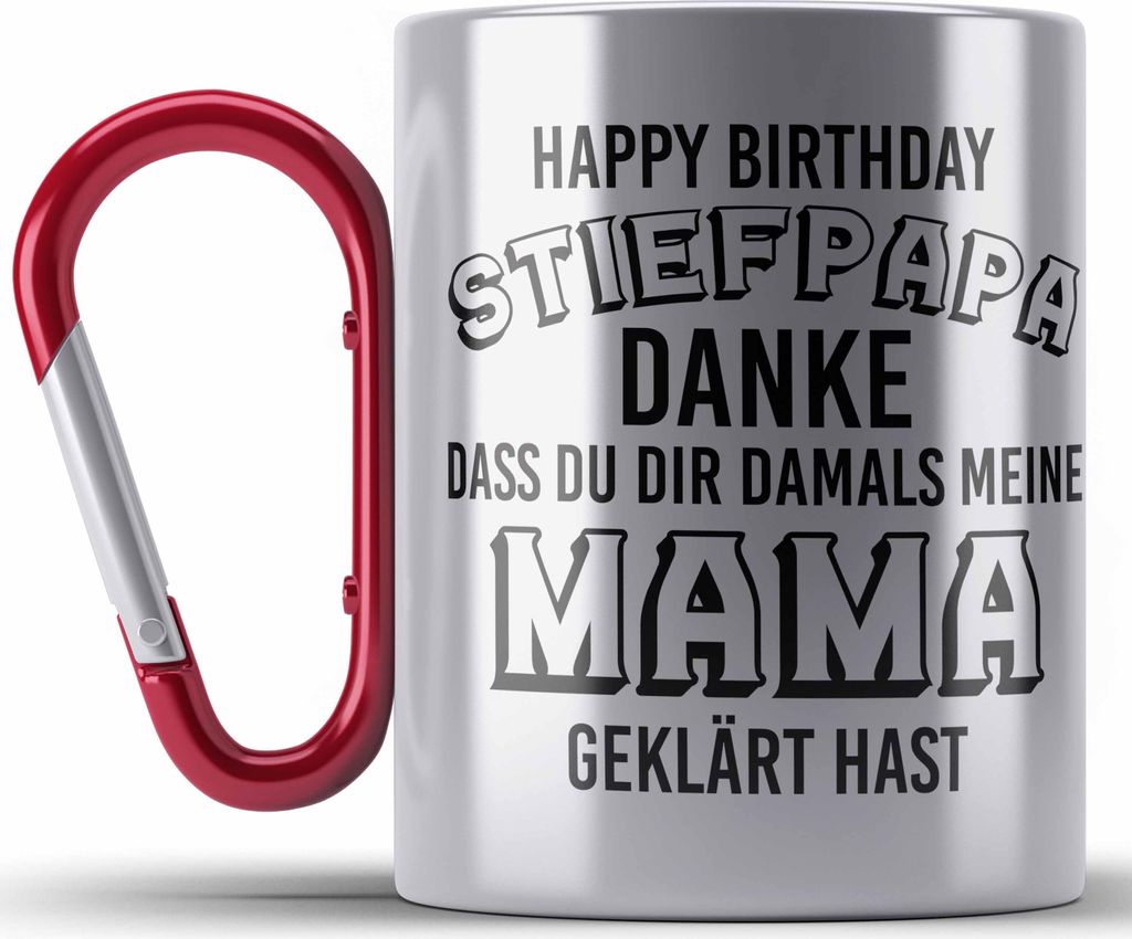Trendation - Stiefpapa Edelstahl Tasse Karabiner Spruch Geschenk Lustige Sprüche Stiefvater Geschenk Geburtstag Geburtstagsgeschenk (Rot)