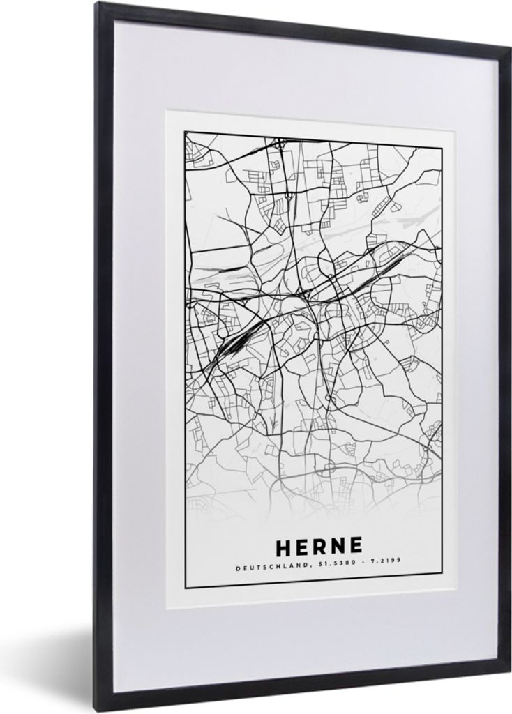 MuchoWow Gerahmtes Poster Herne - Stadtplan - Karte 40x60 cm - Poster mit Schwarzem Bilderrahmen Wandposter Rahmen Foto Bilder - Poster in Rahmen