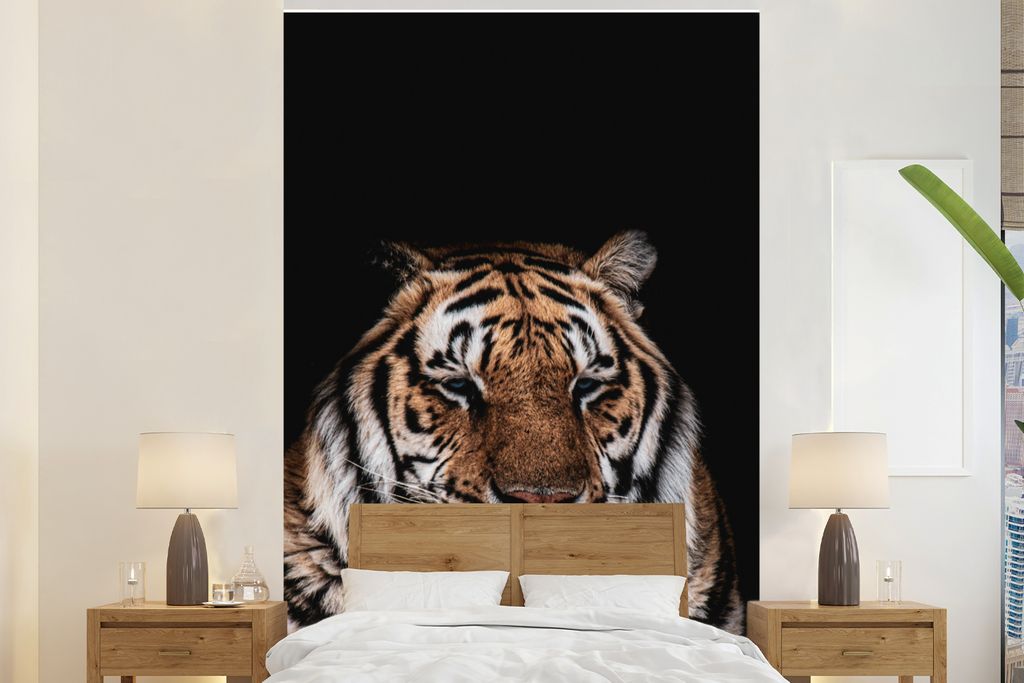 MuchoWow Fototapete für Wohnzimmer oder Schlafzimmer Wandtapete Vinyl Motivtapete Tiger - Faulenzer - Schwarz - 180x280 cm - Wallpaper