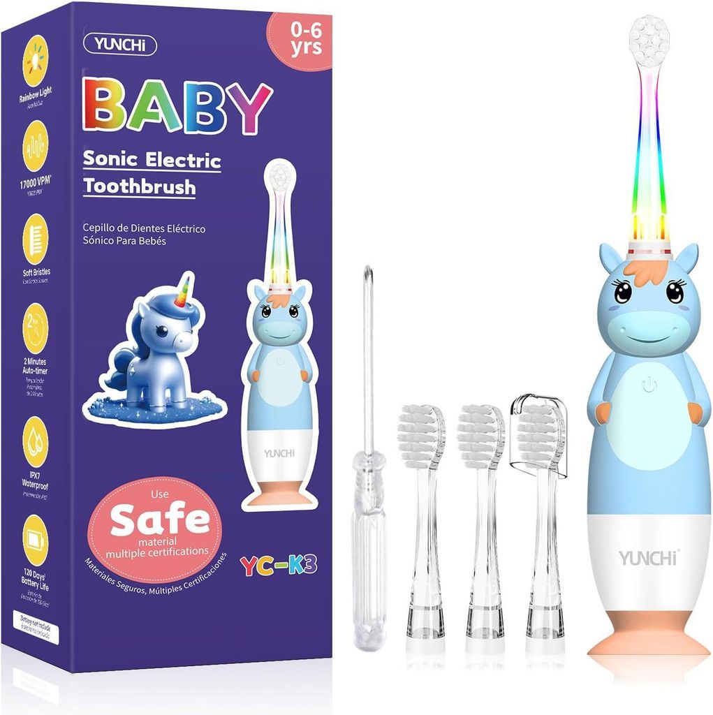 Elektrische Zahnbürste Kinder ab 0-6 Jahre Baby mit buntem LED Licht Smart Timer Kinderzahnbürste Kleinkind Schallzahnbürste mit 4 Weiche Bürst...