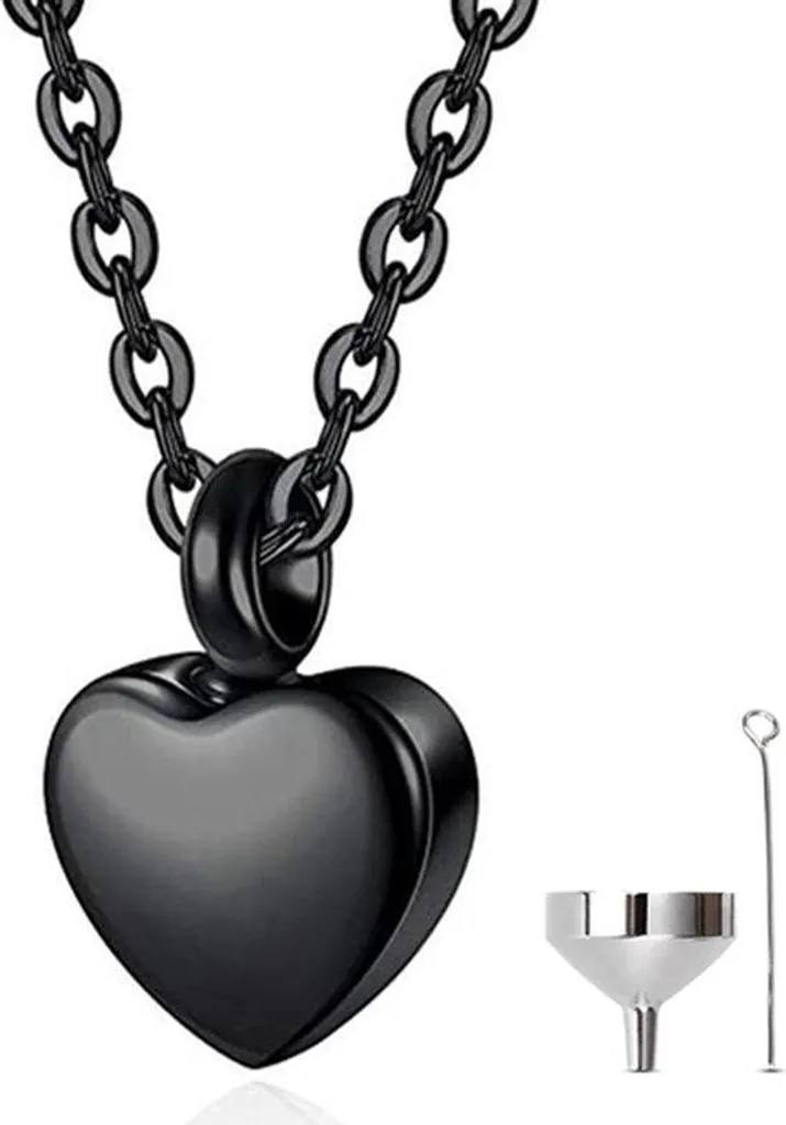 Portacenere con catenella per ceneri, capelli o profumo - gioielli commemorativi con dispositivo di riempimento delle ceneri e sacchetto di conservazione - cuore nero