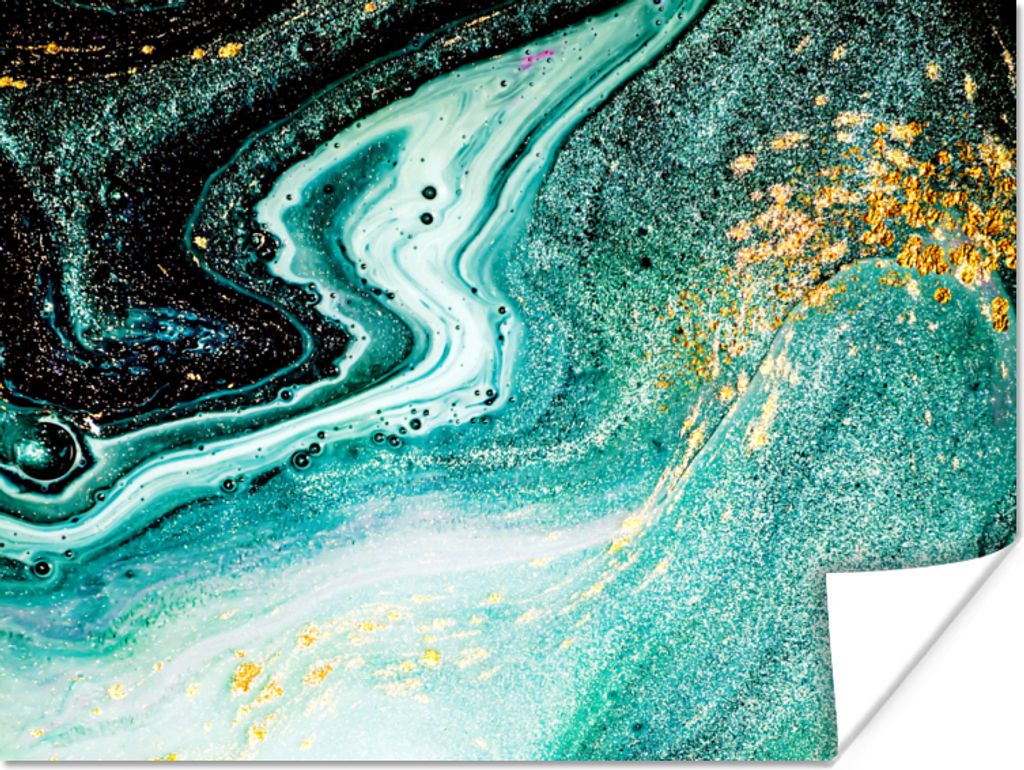 MuchoWow Poster Marmoroptik - Blau - Gold - Glitzer - Luxus - Marmor 160x120 cm - Foto Plakat