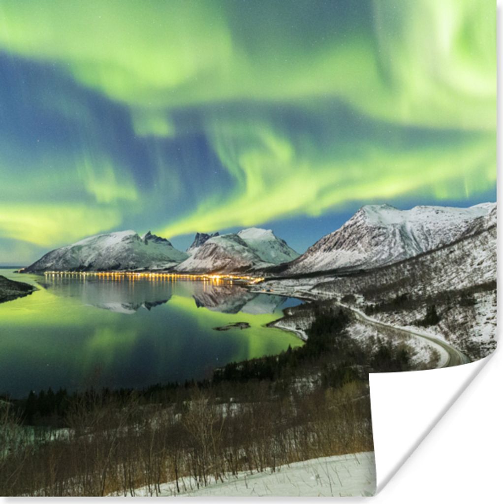 MuchoWow Poster Nordlichter - Fjord - Norwegen 75x75 cm - Wand Dekoration