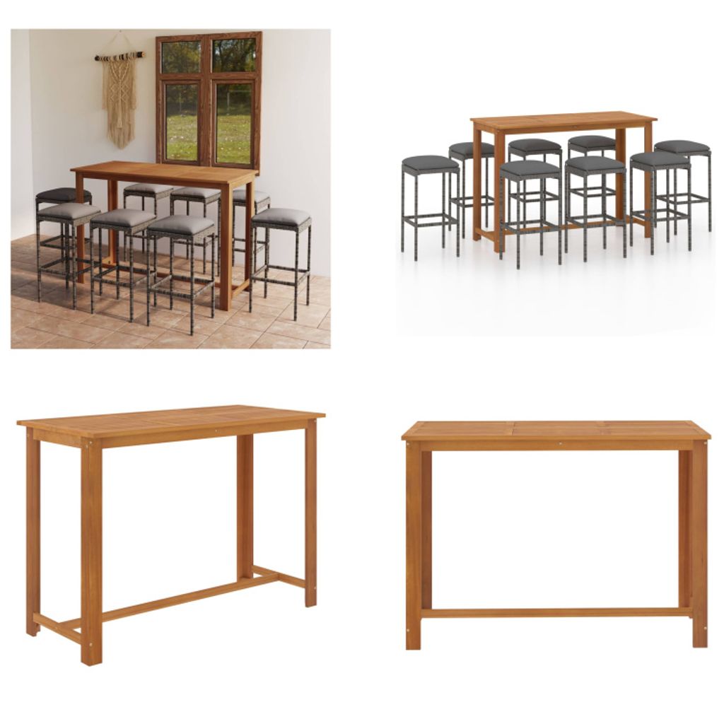 vidaXL 9 tlg. Gartenbar Set mit Kissen Grau - Garten-Bar Set - Garten- Bar-Sets - Gartentisch Und Stuhl - Gartentische Und Stühle