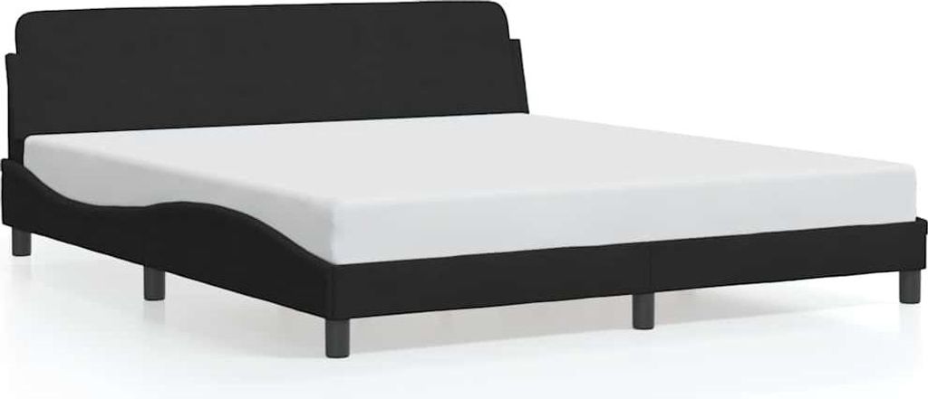 A black bed frame with a white mattress on a white background.