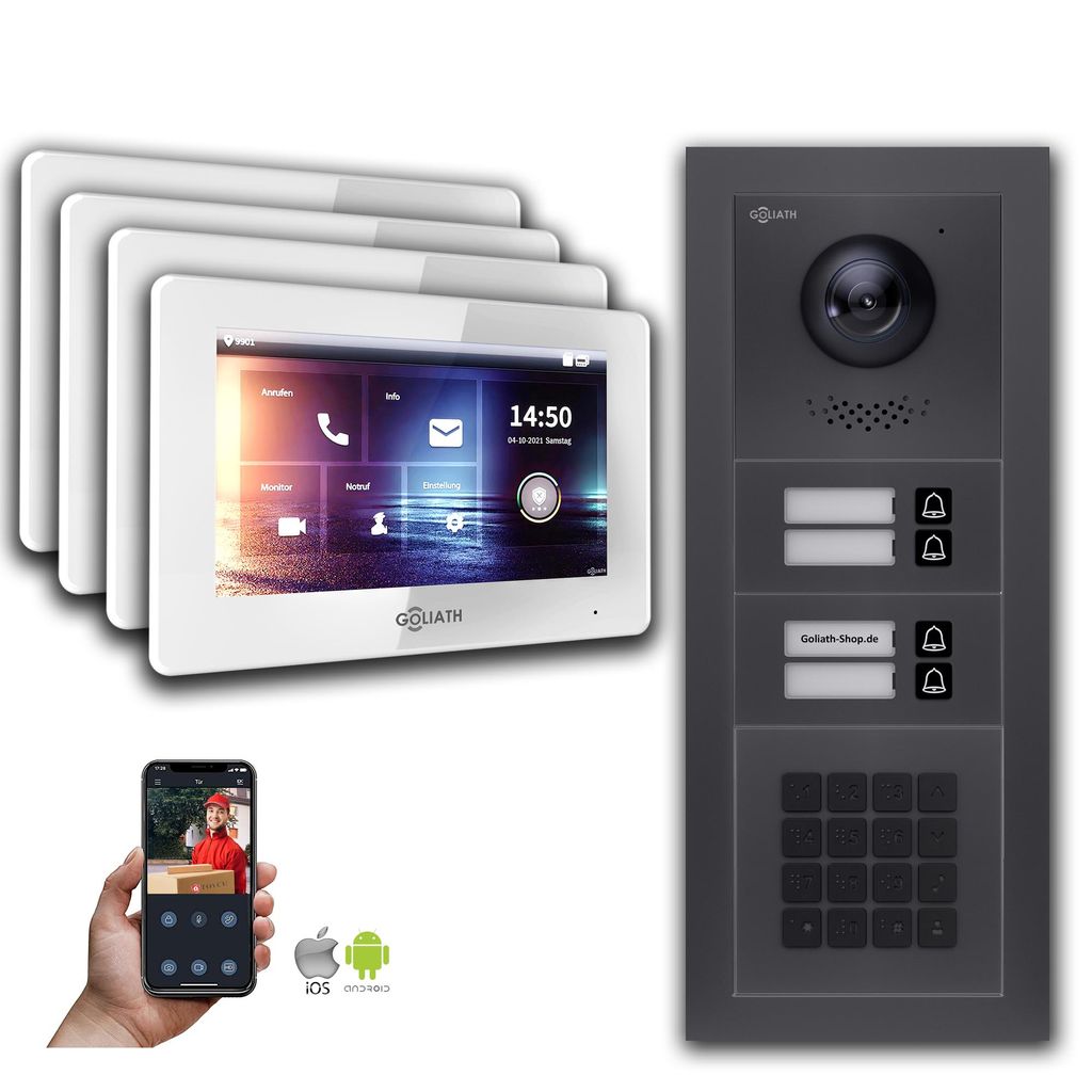 Goliath 2-Draht BUS Video Türsprechanlage: 4 Familienhaus, Zahlencode, Anthrazit : Aufputzdose : 7 Zoll in Weiß Monitor Auswahl: 7 Zoll in Weiß ...