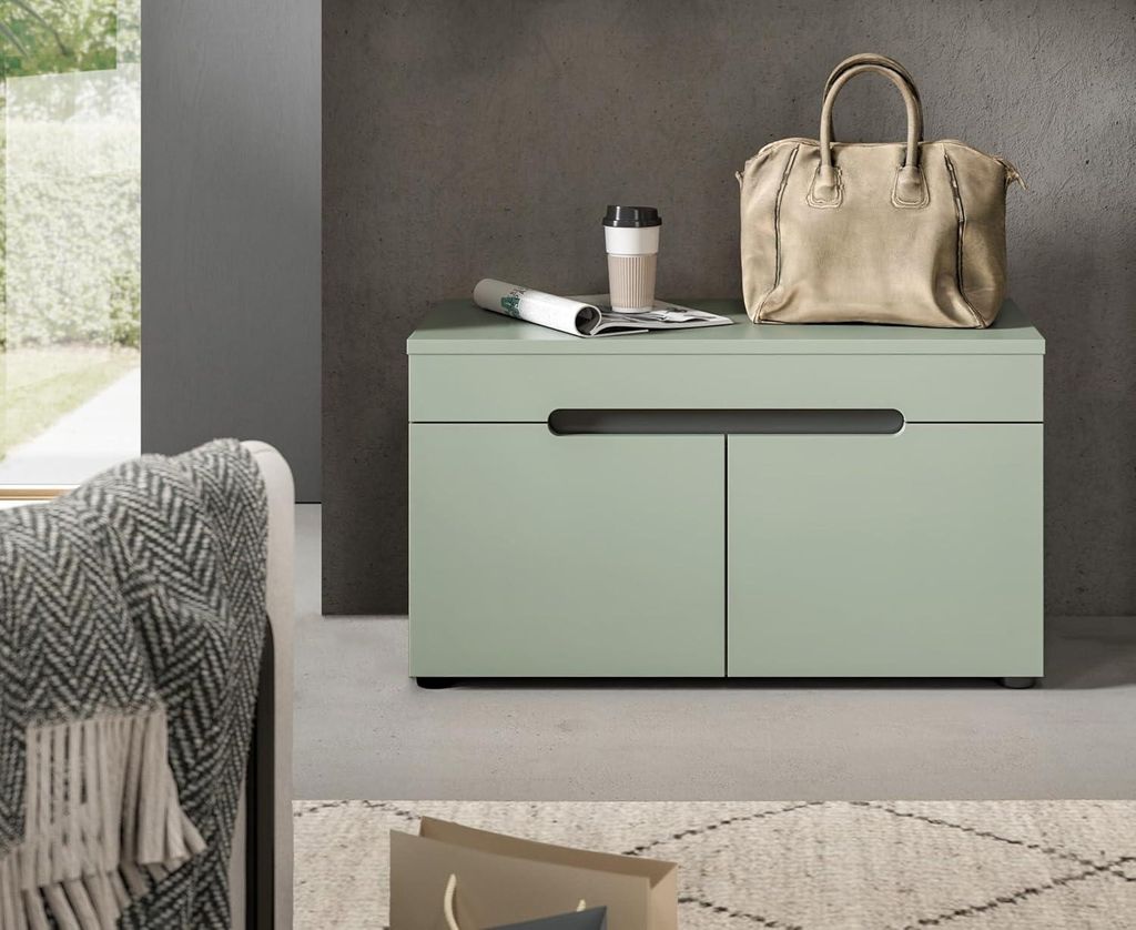 Canu Sitzbank mit Aufbewahrung 2 Türen staubgrün, dunkelgrau.