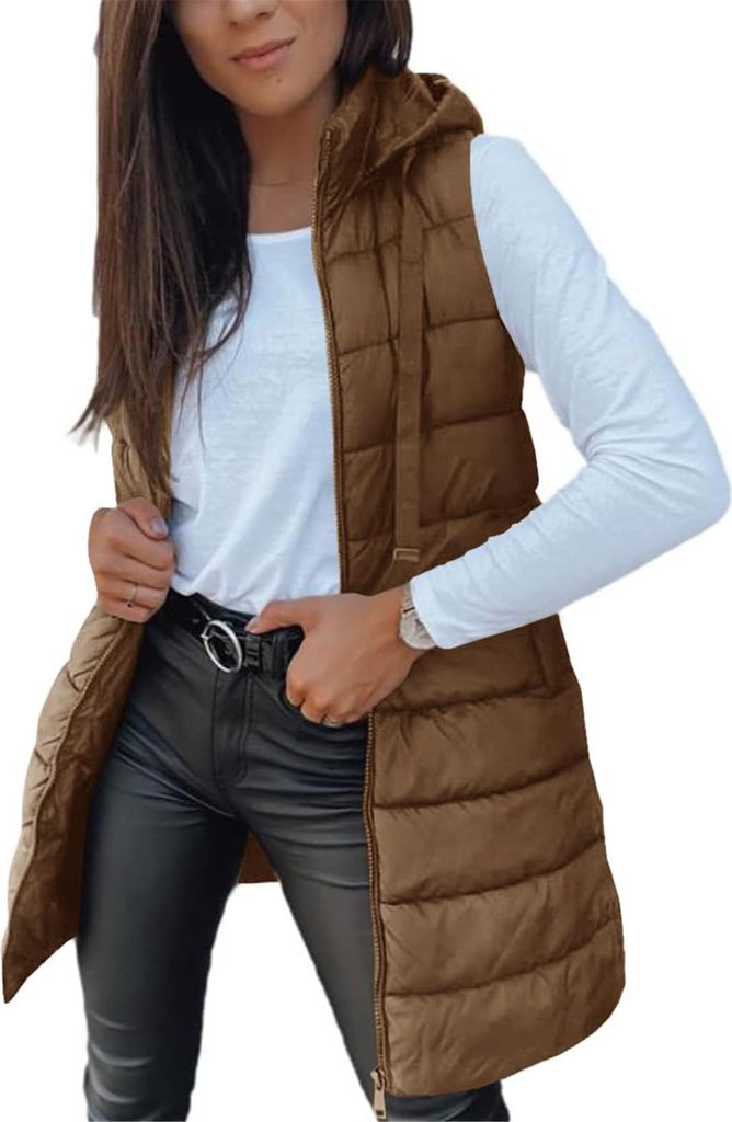 ASKSA Damen Steppweste Lang aermellose mit Kapuze Weste Warm Leichte Winterjacke Casual Steppmantel Einfarbige Winter Sportwesten (Braun,XXL)