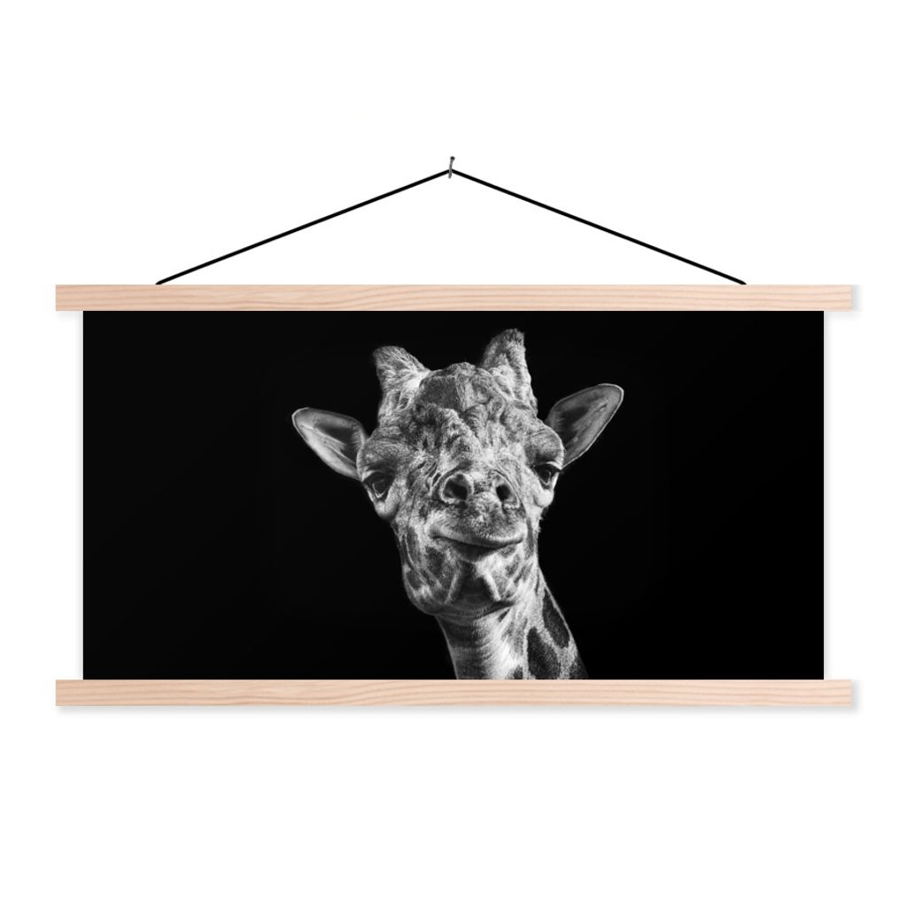MuchoWow Textilposter Giraffe - Tier - Schwarz - Weiß 60x30 cm mit holzfarbenen Rahmen - Dekoration