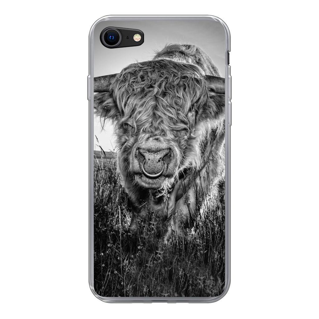 MuchoWow Handyhülle Schutzhülle Hülle für iPhone 8 Schottischer Highlander - Schwarz und Weiß Silikon Softcase Handy Hülle - Schutzhaube