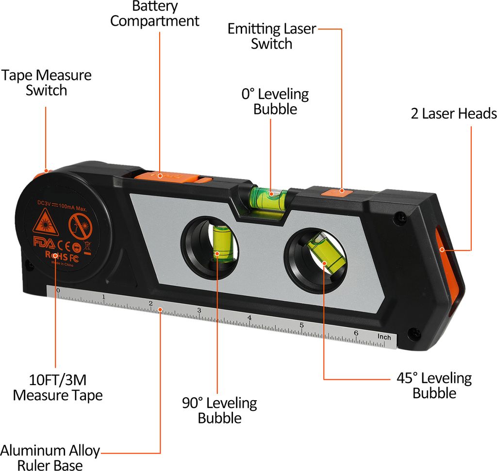 Laser Level Line Tool 4 in 1 Multipurpose Standard Cross Line Laser Level 10ft/3Meter Measure Tape Ruler 3 Mode Laser Line 3 Leveling Bubble and Ru...