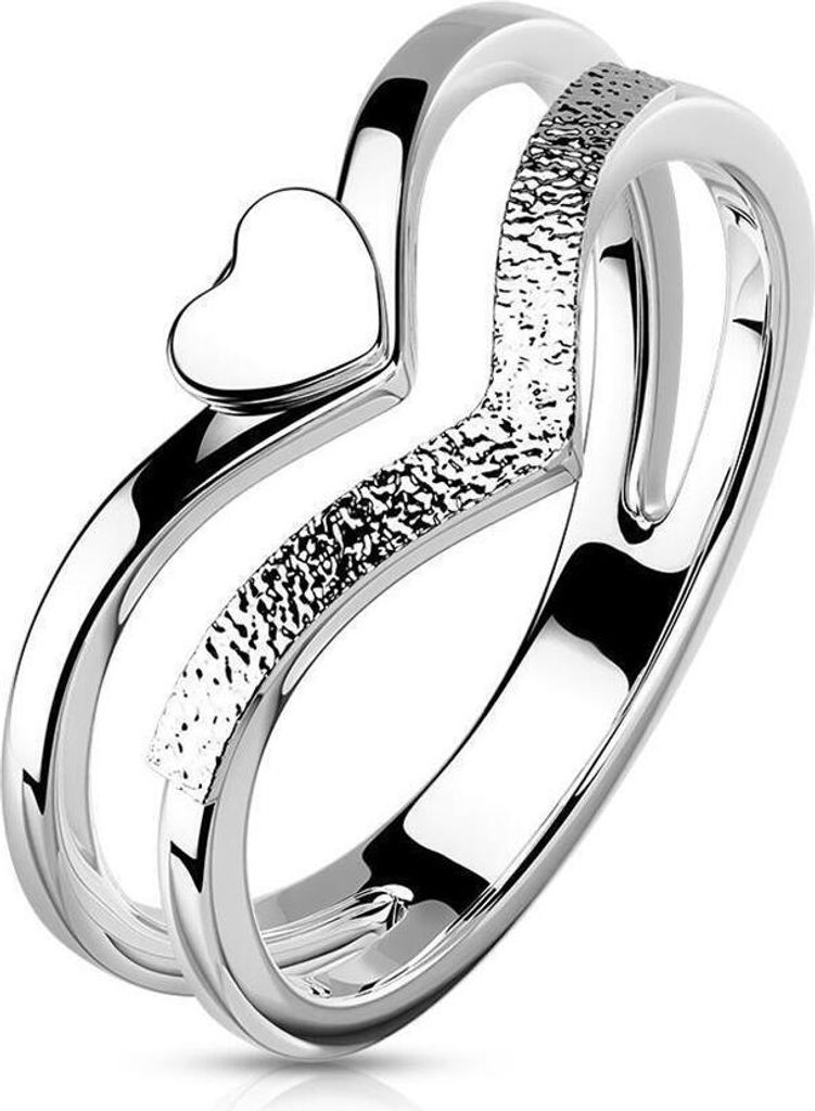 60 (19.1) Damenring doppelte Ringschiene Herz sandgestrahlt Silber