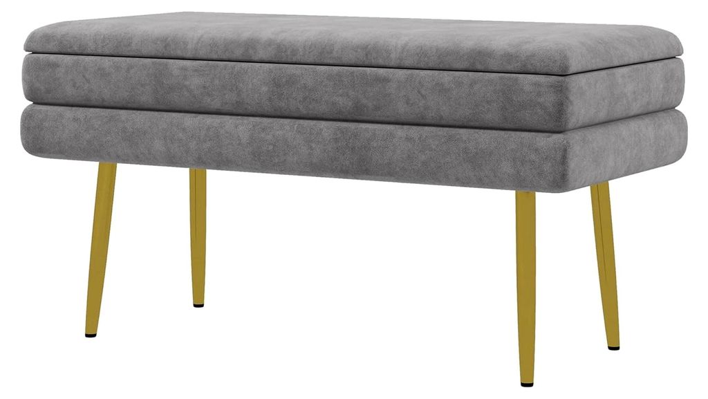 Aufbewahrungsbank mit Sitzfläche in Velours-Optik und Stahlbeinen, 79,5 x 37,5 x 43 cm, Grau und Gold
