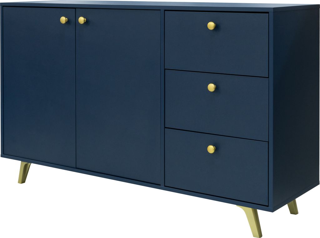 A navy blue sideboard with gold accents and legs, shown against a white background.