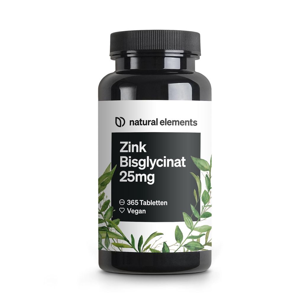 natural elements Zink 25mg – 365 Tabletten – gut verträgliches Zinkbisglycinat (Zink-Chelat)