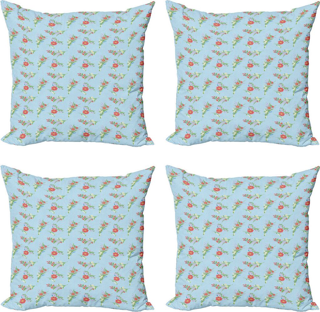 ABAKUHAUS Blumen Kissenbezug Set (4 Stück), Leuchtende Blüten auf Tartan, Moderner Doppelseitiger Digitaldruck, 40 cm x 40 cm, Mehrfarbig