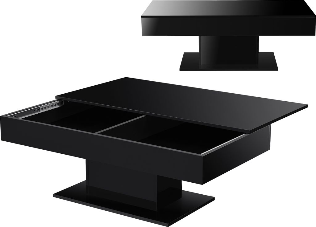 A black high-gloss coffee table with two open storage compartments is shown from a slightly elevated angle. A second, smaller image of the same table in its closed state is positioned above and to the right.
