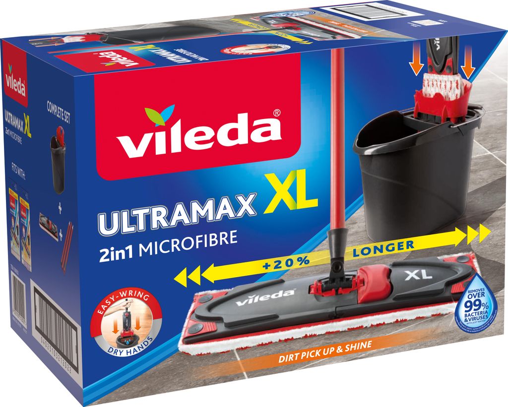 Vileda UltraMax XL Komplettbox Bodenwischer mit Wischer, Wischbezug und Eimer