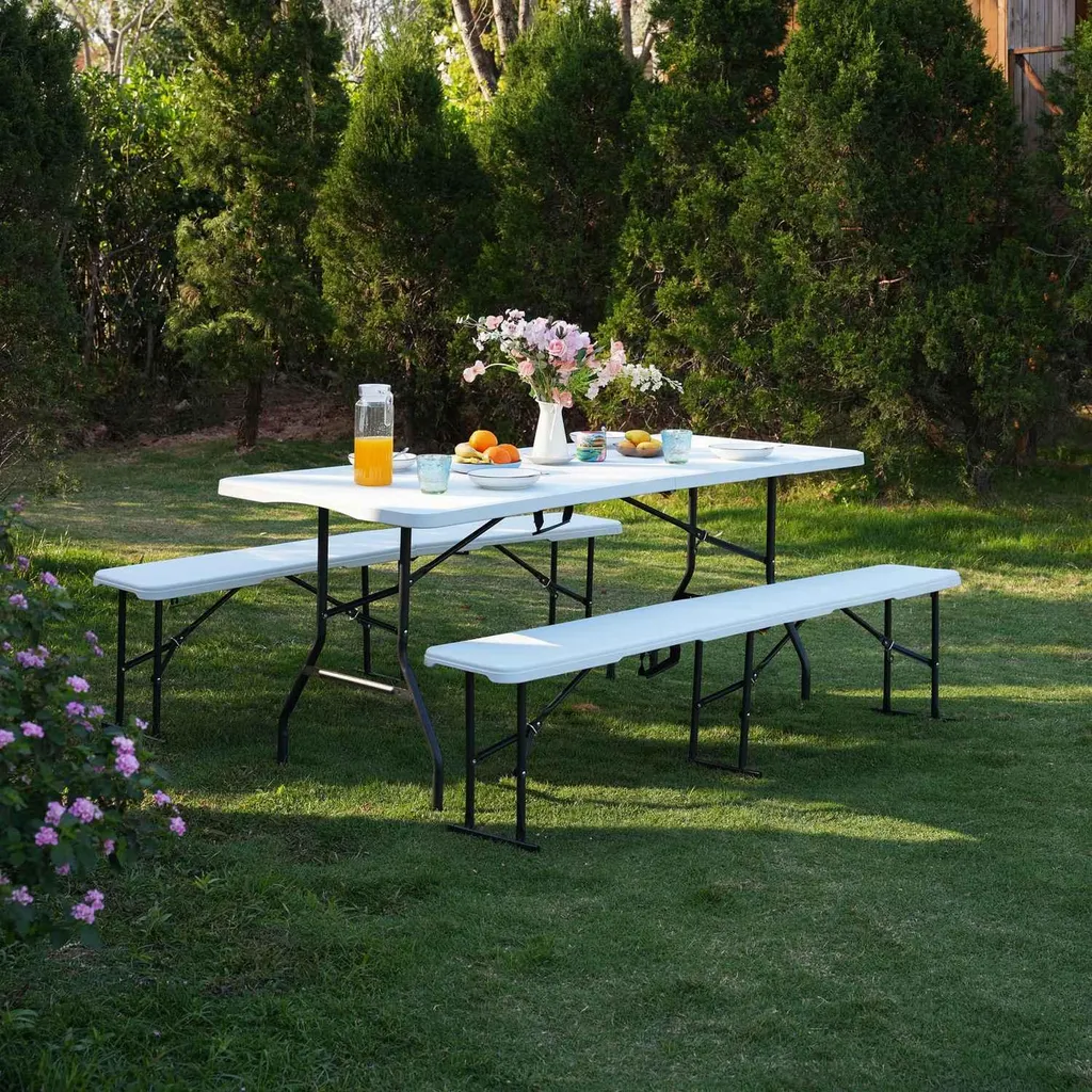 Banc pliable blanc 180 cm résistant aux UV - Structure acier renforcé