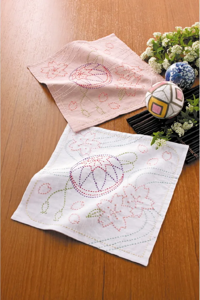 Lot de 2 coupons de tissu broderie Sashiko Hana Fukin motifs japonais 31cm