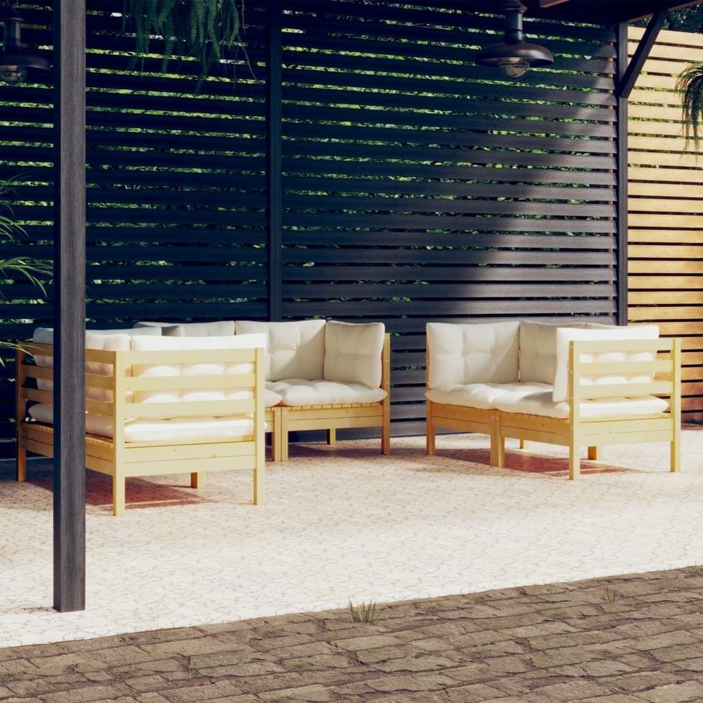 Möbel 6-tlg. Garten-Lounge-Set mit Creme Kissen Massivholz Kiefer - Gartenmöbelgarnituren 3096244