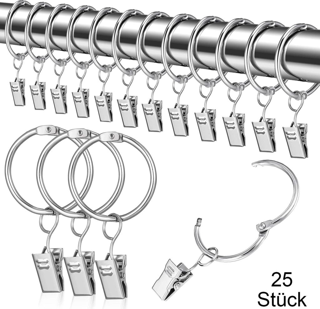25 Stück Metall Vorhangringe Gardinenringe mit Clips Vorhang Hängend Ringe für Fenster Tür Duschvorhänge, 30mm Innendurchmesser (Silber)