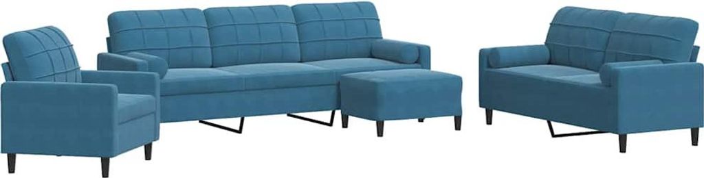 vidaXL 4-tlg. Sofagarnitur mit Kissen und Nackenrollen Blau Samt