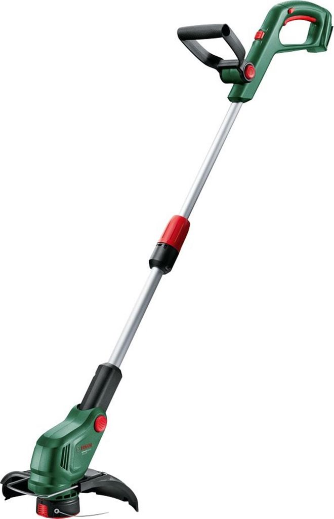 A cordless grass trimmer on a white background.