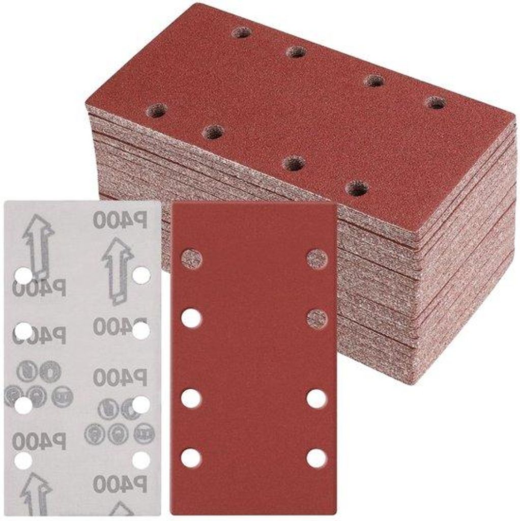 Premium Schuurpapier Set mit 50 Blättern, 93 x 185 mm, 400-Grit, 8 Locher, Klammern, für Säge, Schleifer und Bohrer.