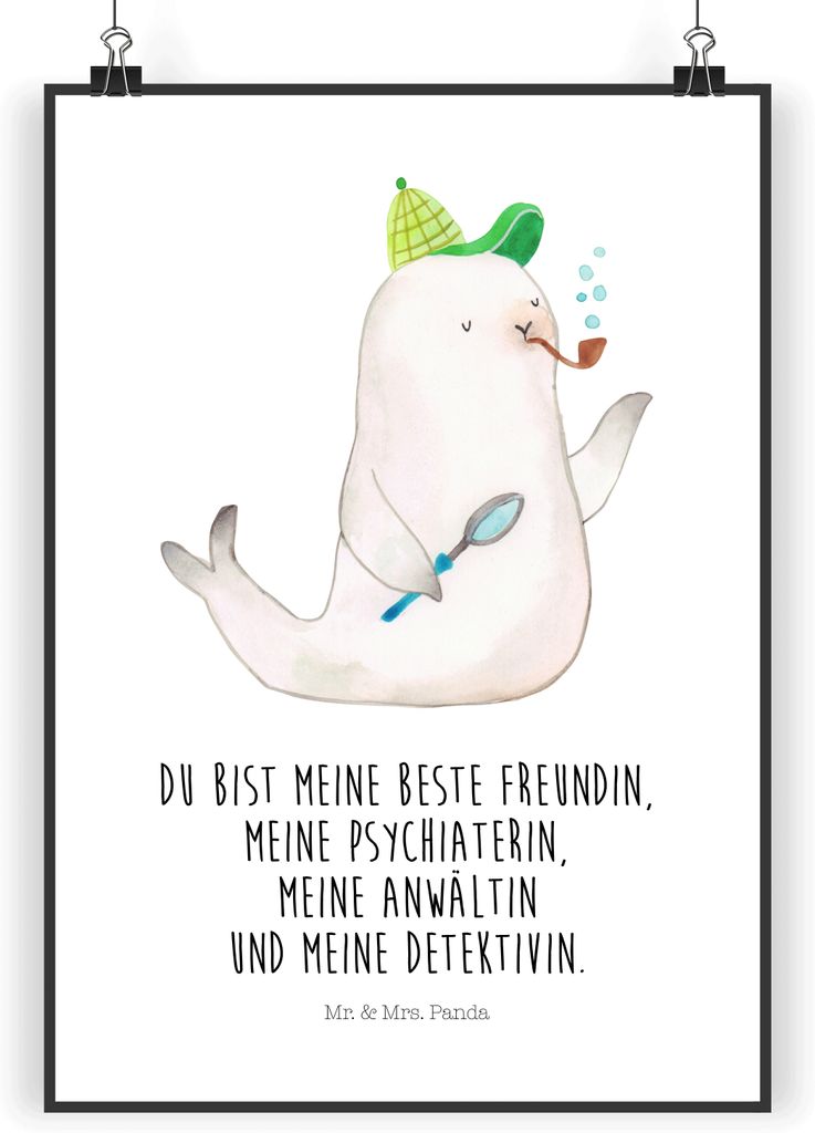 Mr. & Mrs. Panda Bild Robbe Sherlock DIN A3 - Weiß - Geschenk, drucke, Plakat, Wanddekoration, Wandbild, Kunstdruck, Lustige Sprüche