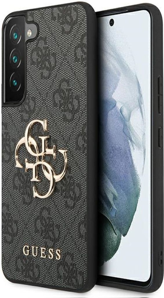 A close-up shot of a phone case with a Guess logo and pattern, placed next to a smartphone.