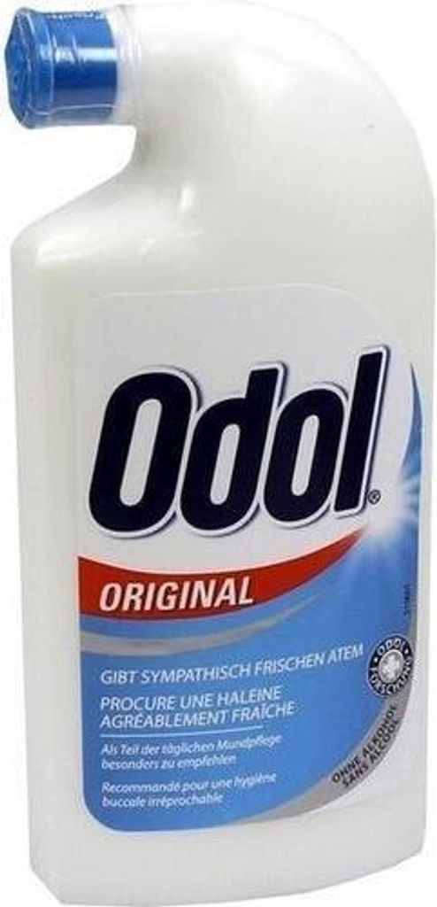 A white plastic bottle of Odol Original mouthwash with a blue cap.