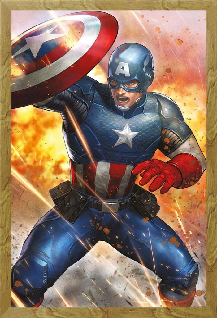 Capitan America - Poster - sotto il fuoco + cornice rimovibile, Shinsuke® Maxi MDF oak, vetro acrilico