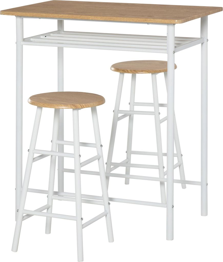 Fortuna Lai Bartisch Set 3-teilig Esstisch mit 2 Barhocker Essgruppe Küchentisch und Stühle Stehtisch und Barhocker mit Lagerregal MDF-Platte Sta...