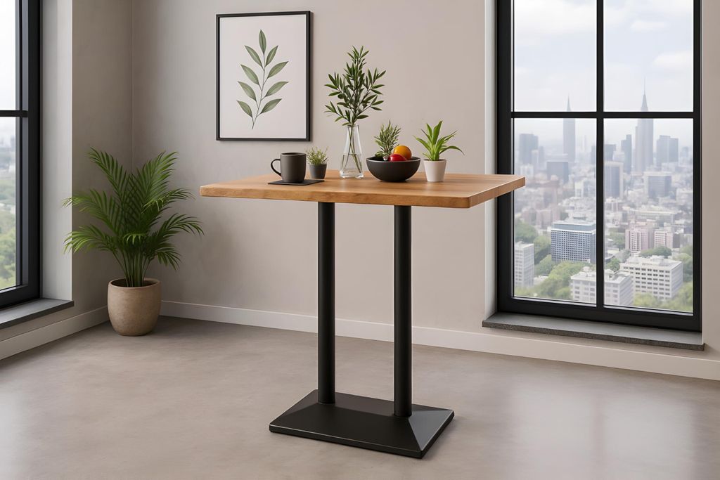 Bistrotisch Ian | Bartisch/Stehtisch 100x60 cm mit Baumkante | Mangoholz massiv + Natur | Doppel-Säulengestell Metall Schwarz