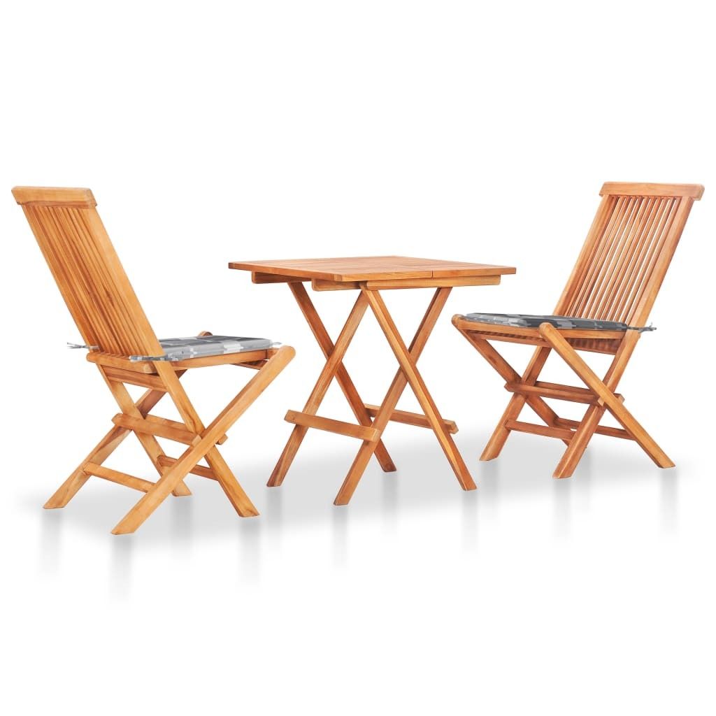 The Living Store 3-tlg. Bistro-Set mit Kissen Grau Karomuster Massivholz Teak